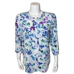 NYDJ Pleat-Back Popover Top Blouse M Blue Floral Abstract Watercolor